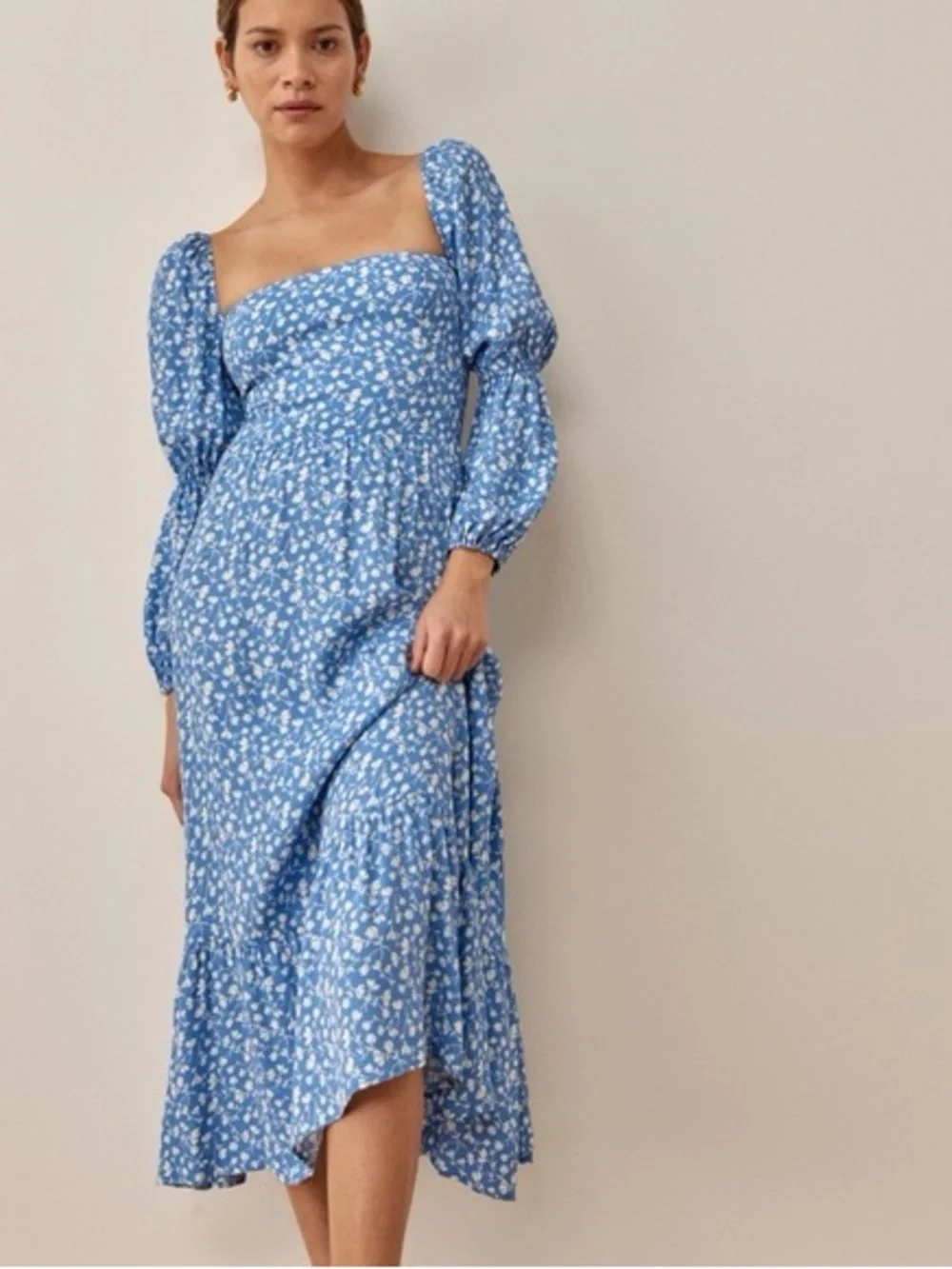 Reformation Mica ES Floral Marie Square Neck Midi Dress Blue Size 12 - Picture 2 of 14